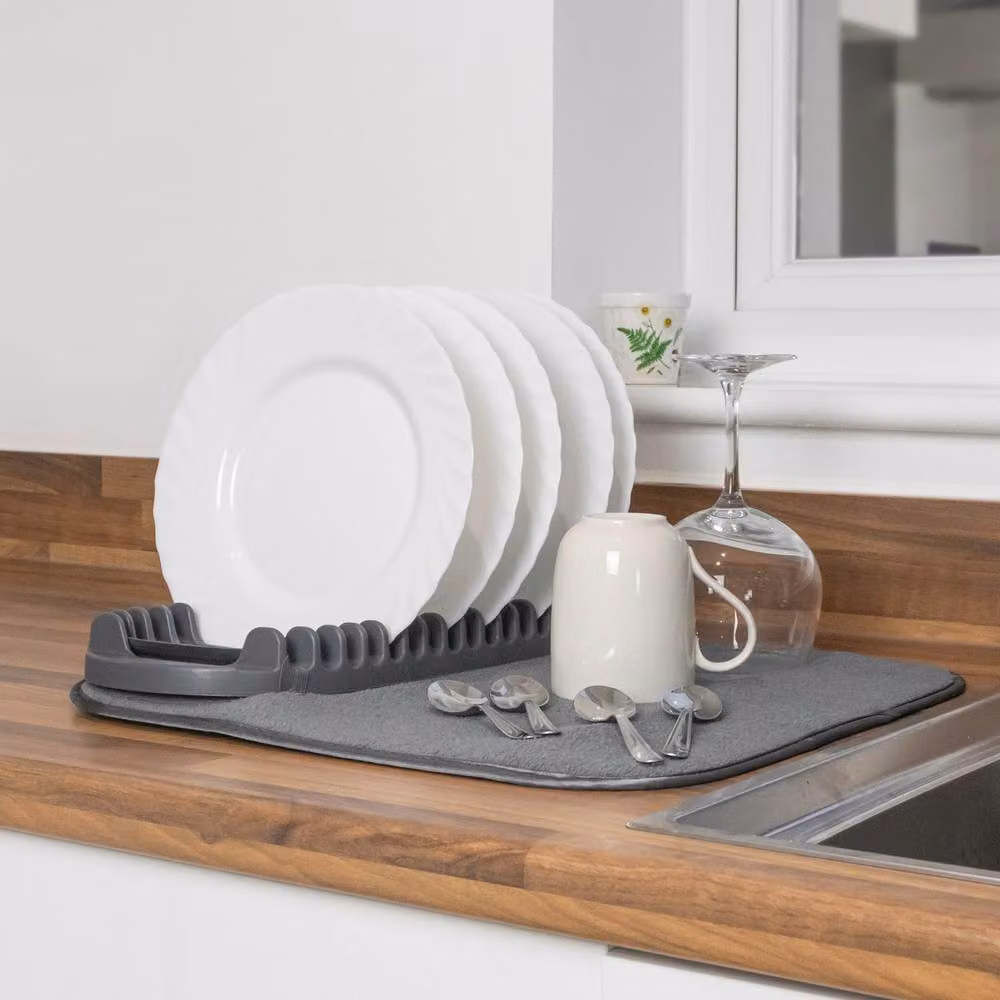JVL Sesha Foldable Dish Drying Rack and Microfibre Mat Set in Grey – 3
