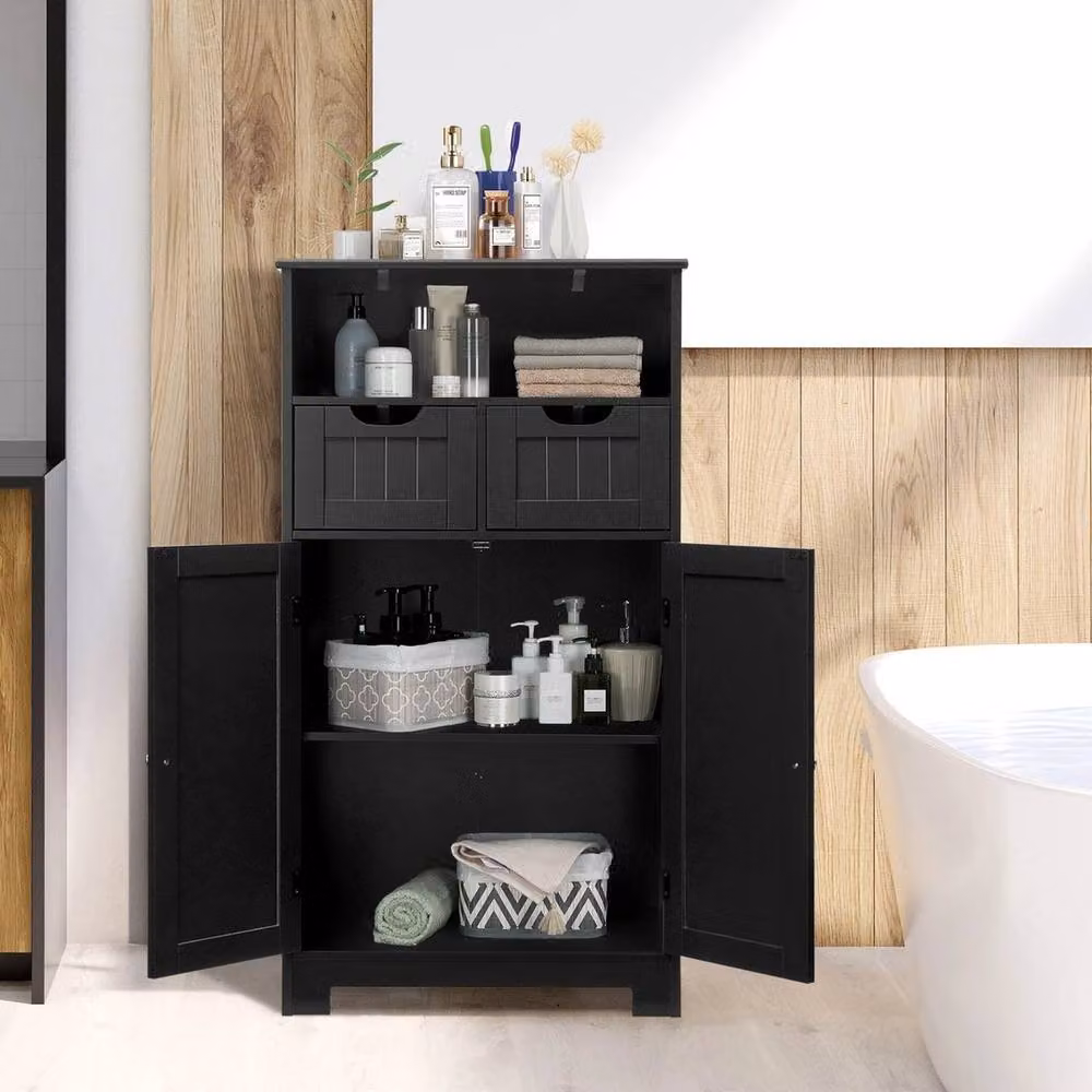 VOGREX Black Modern Freestanding Bathroom Cabinet with 2 Hinged Doors, 2 Internal Drawers and Open Shelf – 2