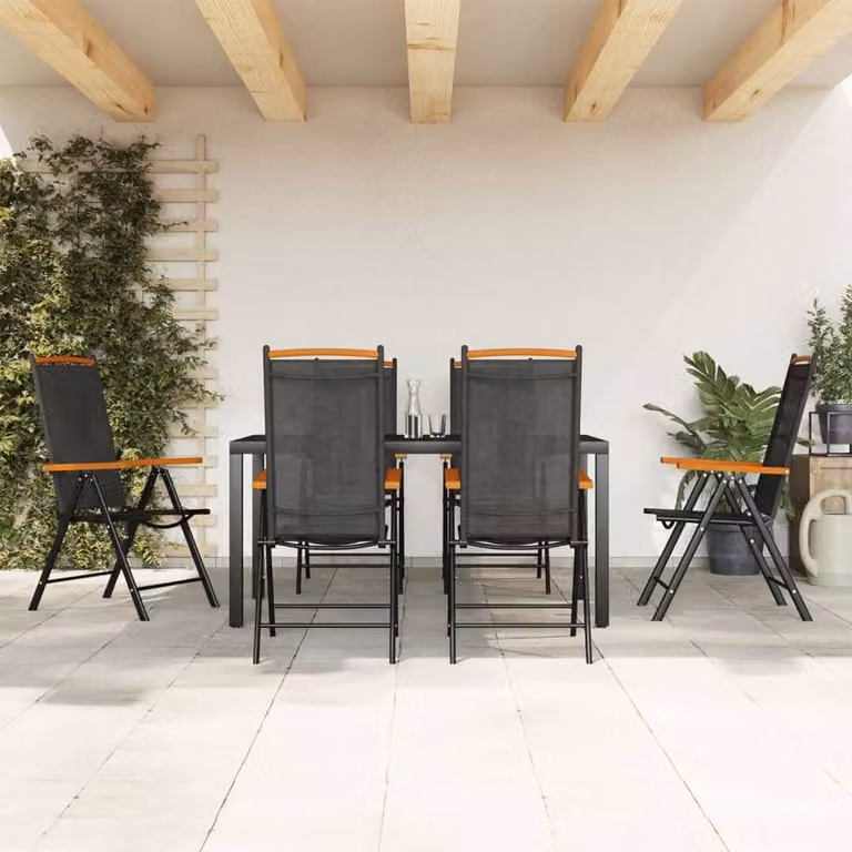 Berkfield Home Beautiful 7 Piece Garden Dining Set in Black Aluminium and Brown Wood