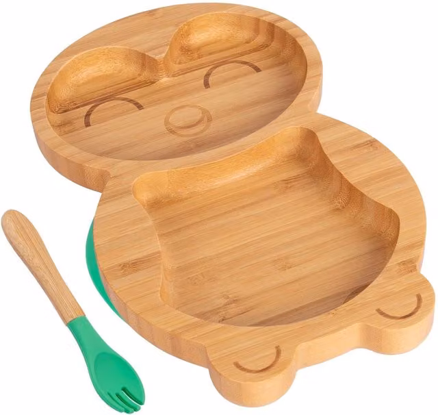 Tiny Dining Bamboo Penguin Baby Weaning Divided Plate and Fork Set, Green