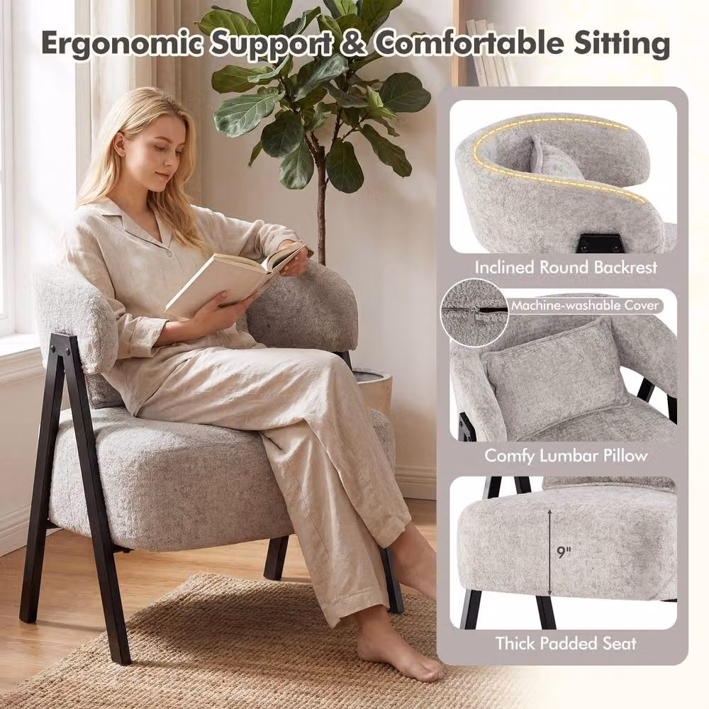 Gymax Grey Barrel Accent Chair with Lumbar Pillow and Metal Legs – 3