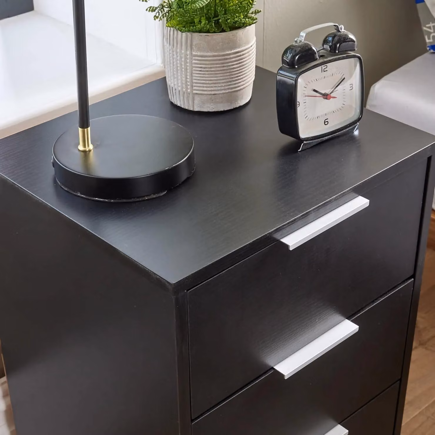 Home Source Phoenix 3 Drawer Bedside Nightstand and Side Table in Black and Silver – 3