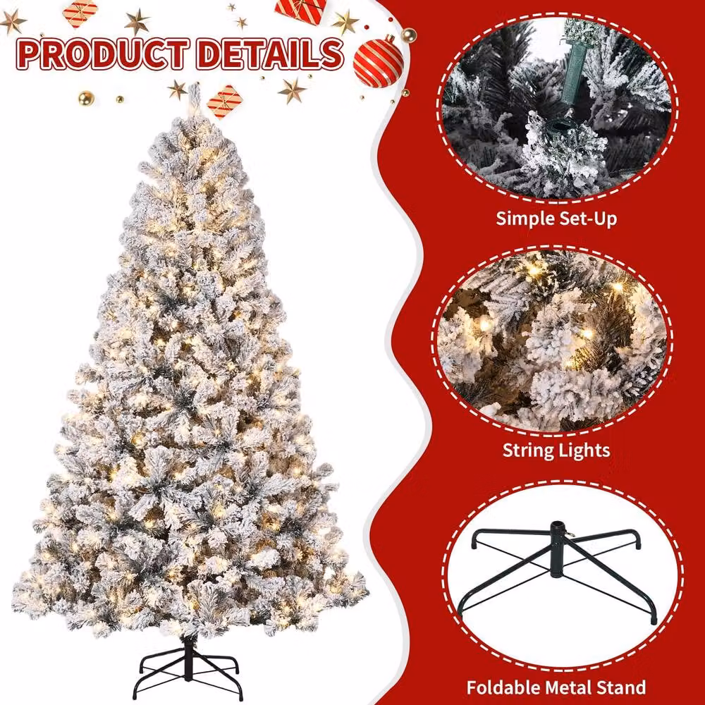 London Boutique 7.5ft Snow-Flocked Artificial Christmas Tree with Warm White LED Lights in White – 5