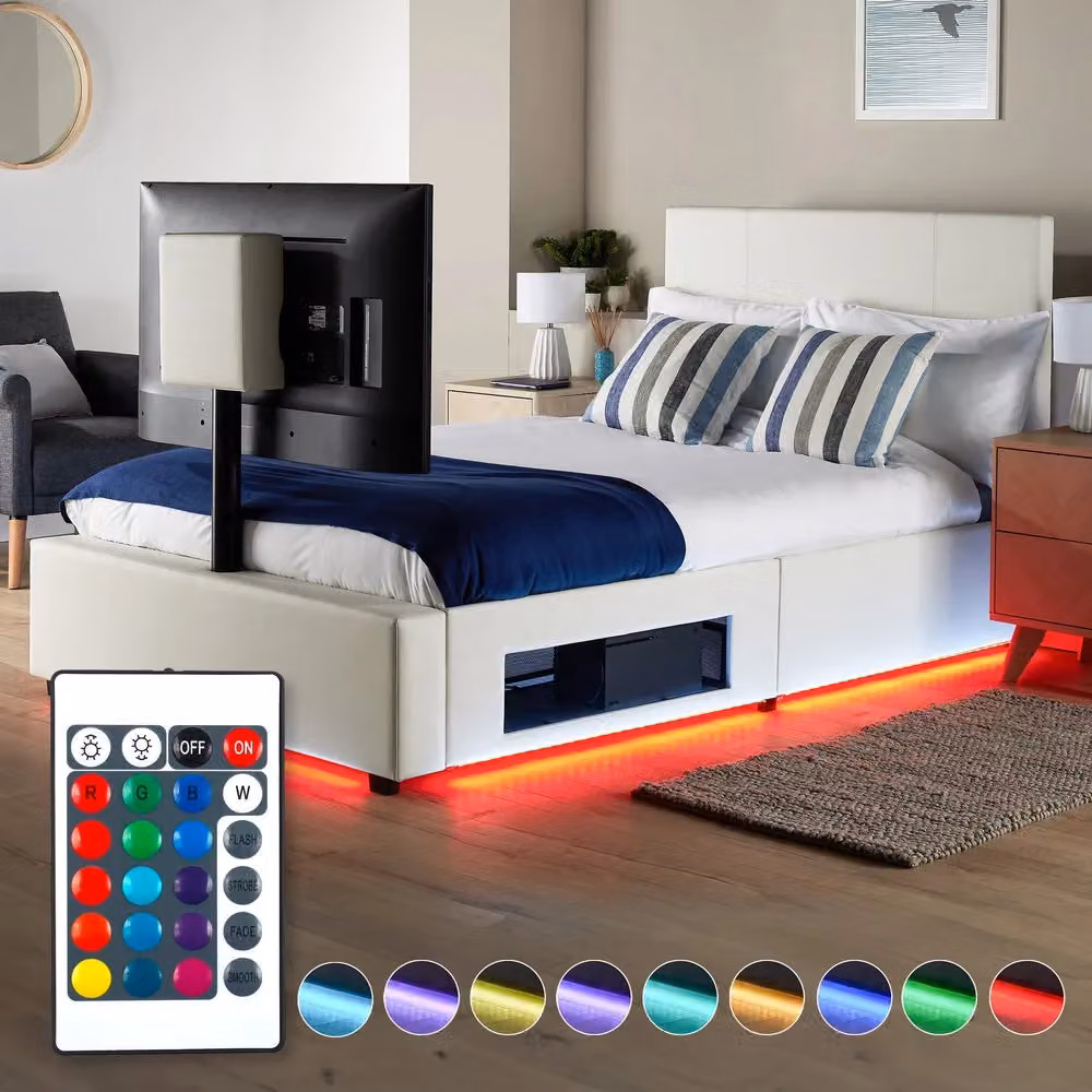 X Rocker AVA Upholstered TV Bed with Underbed Storage and LED Lights in White, W/D/H: 200 x 90 x 108 cm – 4