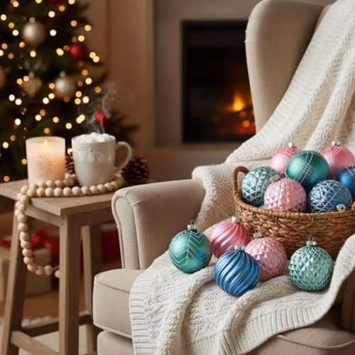 Shatchi 12-Piece Set of Glass Christmas Baubles in Green, Pink and Blue, 8 cm Diameter – 6