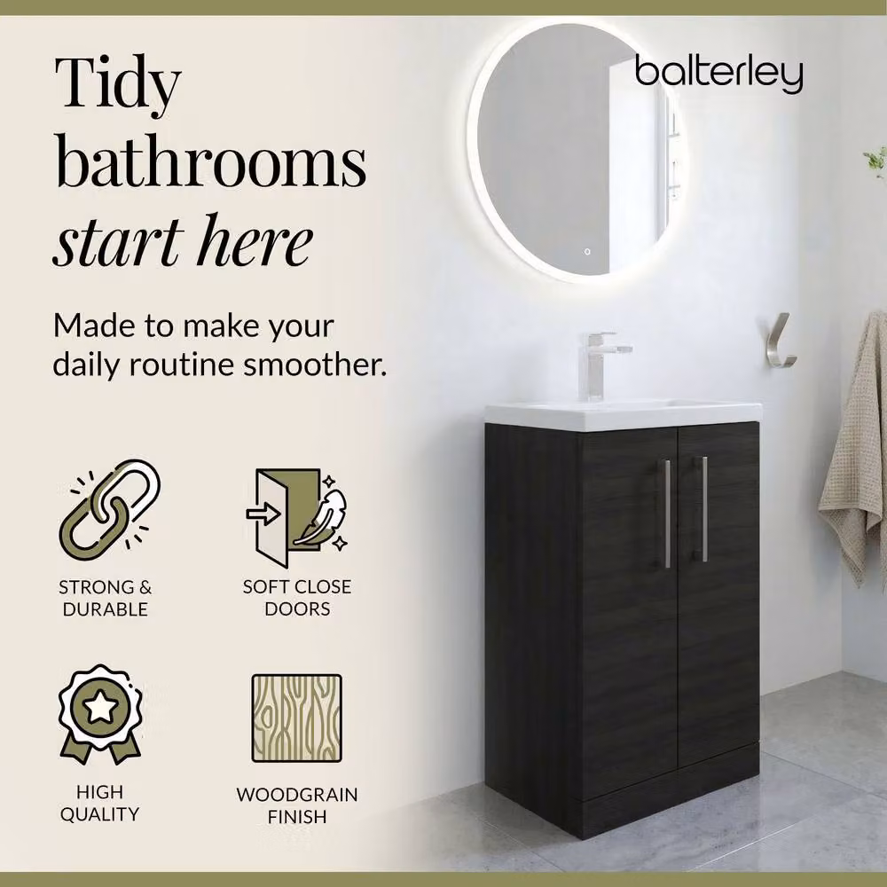 Balterley Modern Black Wood Freestanding Bathroom Vanity Unit with Soft Close Doors and LED Lighting – 3