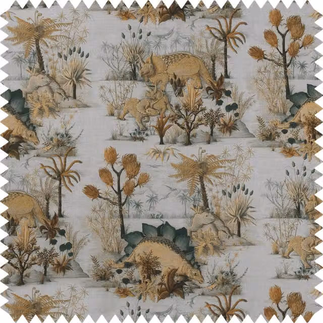 House of Hackney Dinosauria Cotton Linen in Dusk Blue, Green and Grey