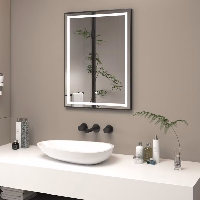 Royal Bathrooms Oslo LED Illuminated Framed Mirror in Matt Black, W: 60 cm, H: 80 cm, with Demister Pad and Touch Sensor