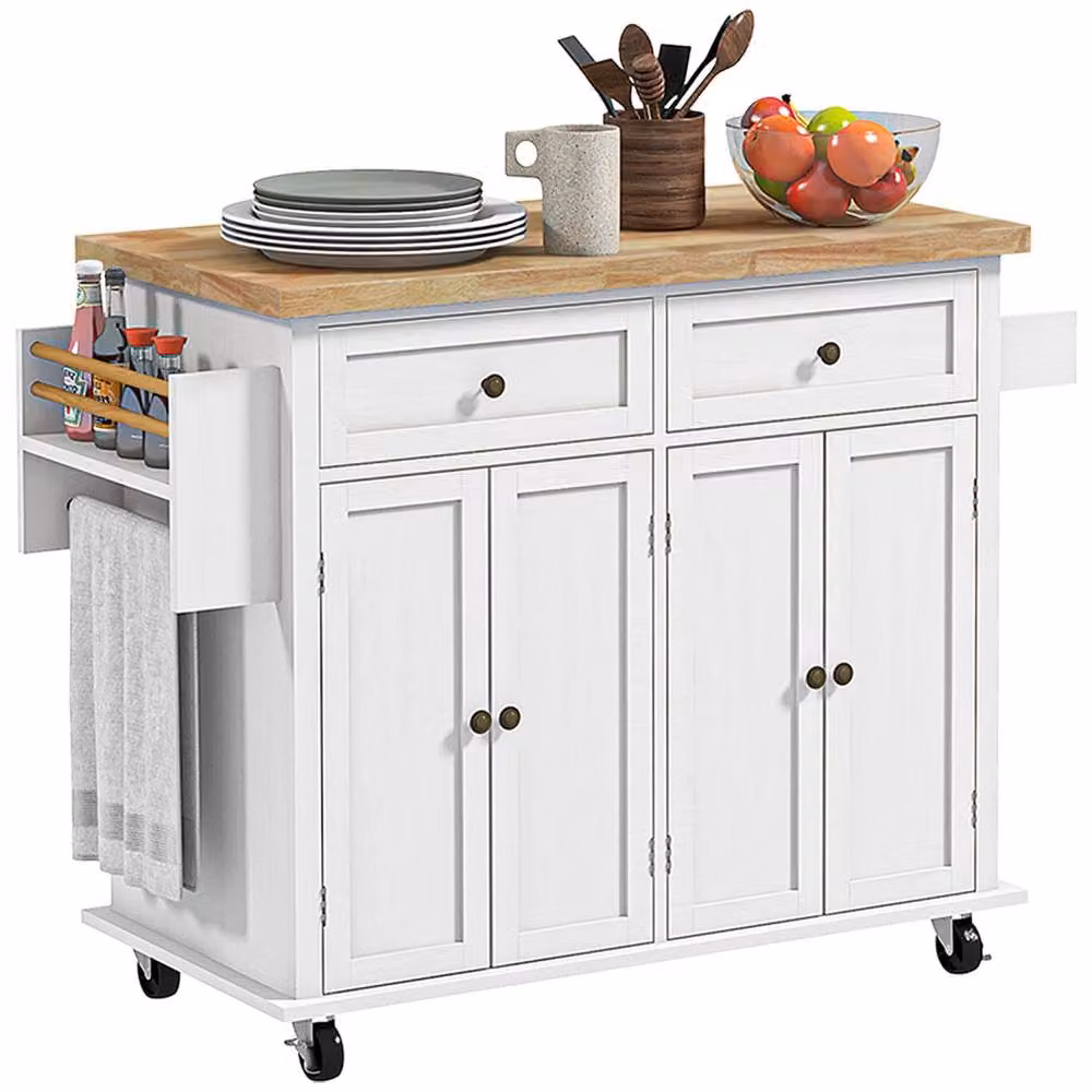 Wyld Haus Viratto White Lacquered Wooden Rolling Kitchen Island with Rubberwood Top, W/D/H: 111.0 x 44.5 x 82.5 cm – 2