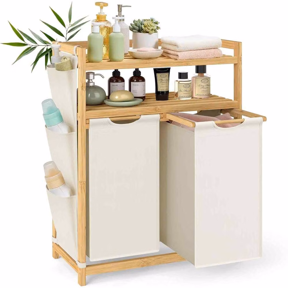 The Bazaarist Double Laundry Hamper with Shelf and Side Pockets, White – 2