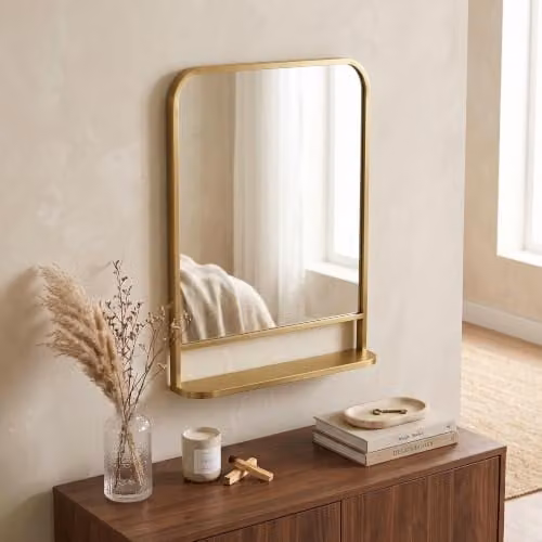 HOMCOM Modern Rectangular Wall Mirror with Storage Shelf, Gold, W: 70 cm, H: 50 cm