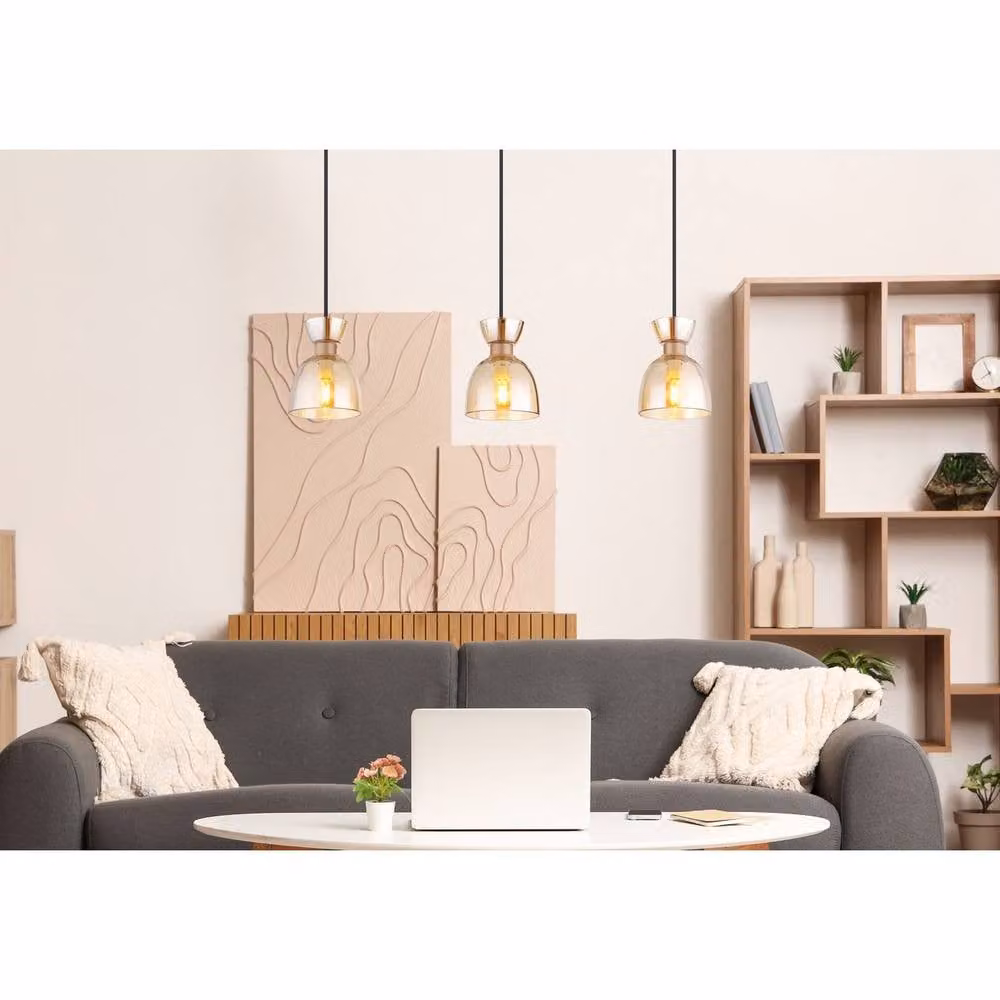 Netlighting Massey Bar Pendant Light with Matt Amber Glass Shades in Brown, 3x E14, Height Adjustable – 3