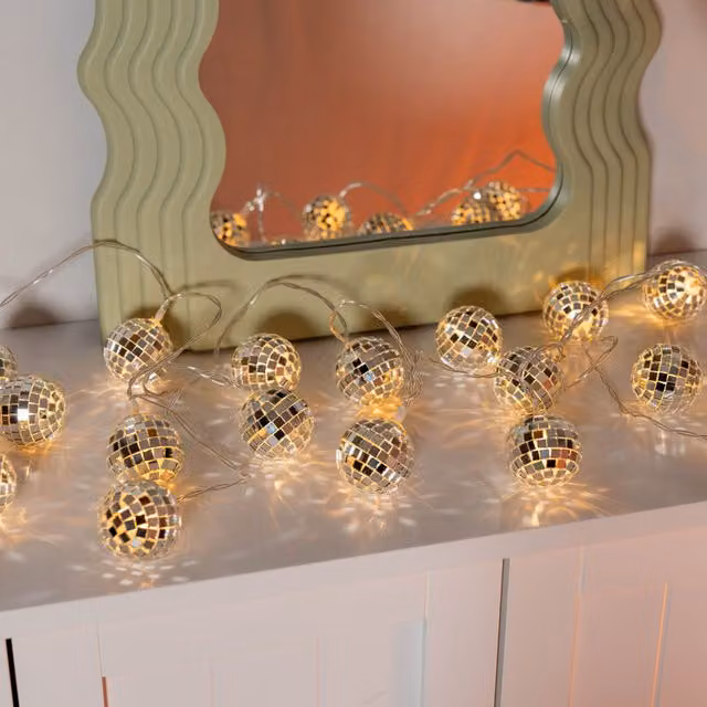 ValueLights 20 Mini LED Disco Ball String Lights in Silver with Warm White Light