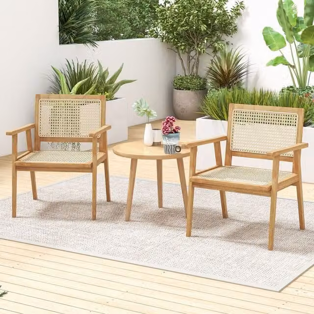 COSTWAY Brown Scandinavian Outdoor Dining Chair with Armrests, Made from UV-Resistant Treated Teak Wood and Fabric