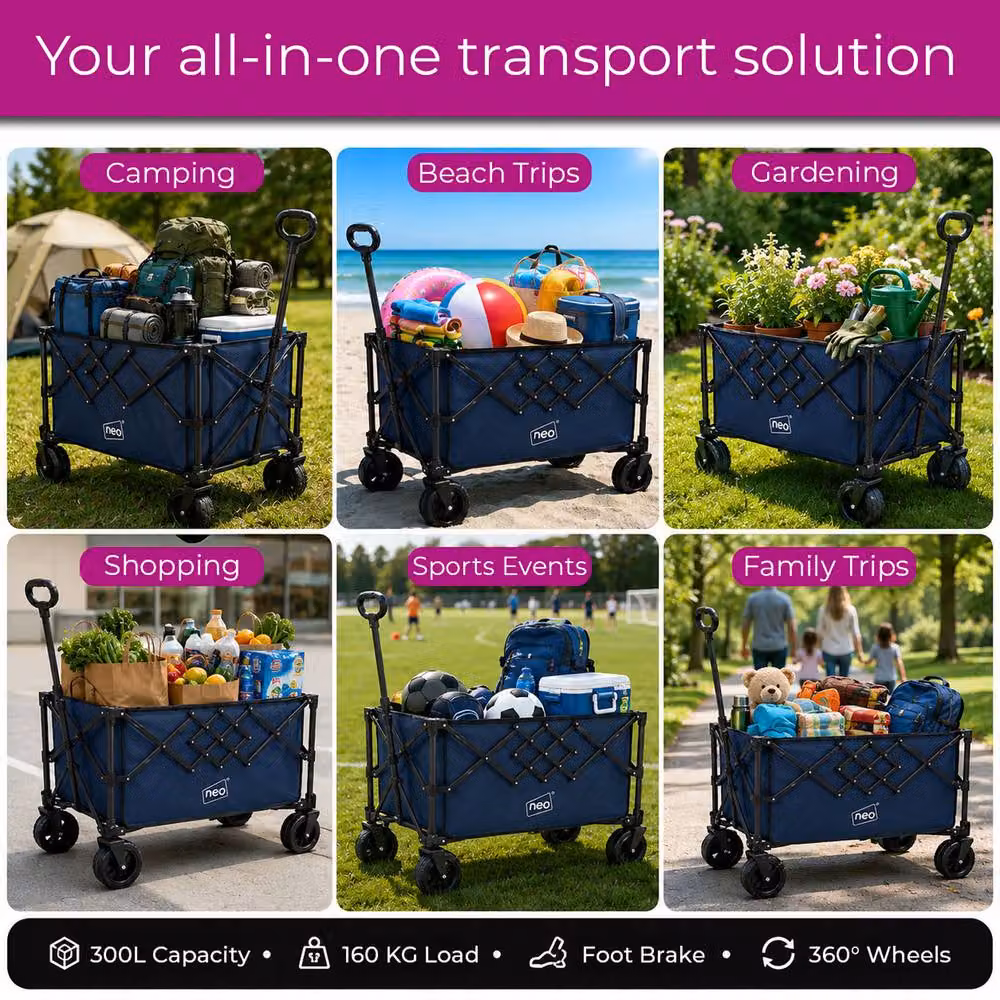 Neo XL Heavy Duty Folding Wagon Cart with Adjustable Handle, 300L, Mid Navy Blue – 4