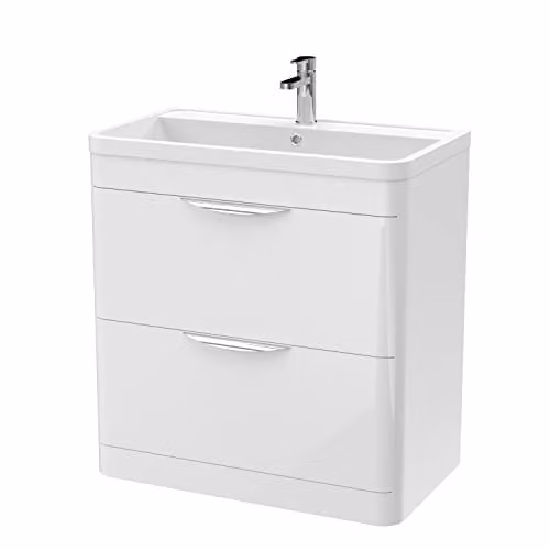 nuie Parade Modern Bathroom Floor Standing Vanity Storage Unit with Ceramic Basin and 2 Drawers, Gloss White, W: 80 cm