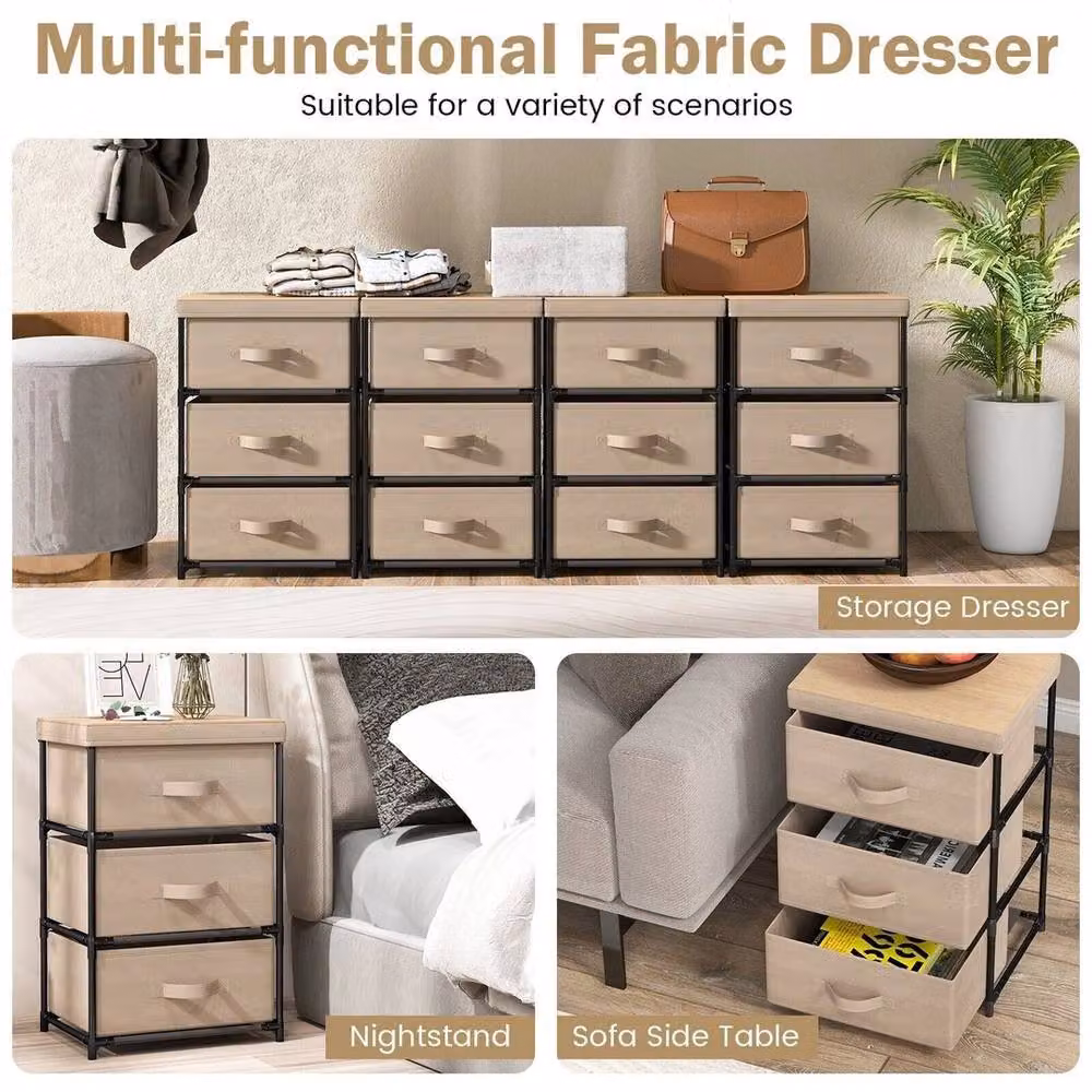 Kelvenix 3-Tier Nightstand Organizer with 3 Chests of Drawers in Beige – 4