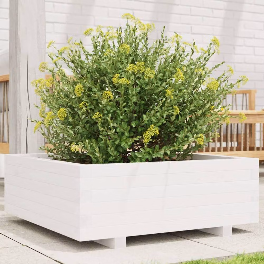 Berkfield Home White Solid Wood Pine Garden Planter Tub W: 70 cm, D: 70 cm, H: 26.5 cm – 2