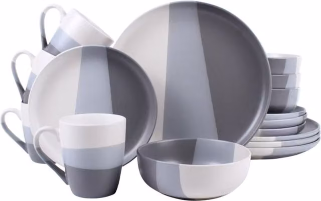 Royalford 16 Piece Stoneware Dinnerware Set in Grey and White, Microwave and Dishwasher Safe