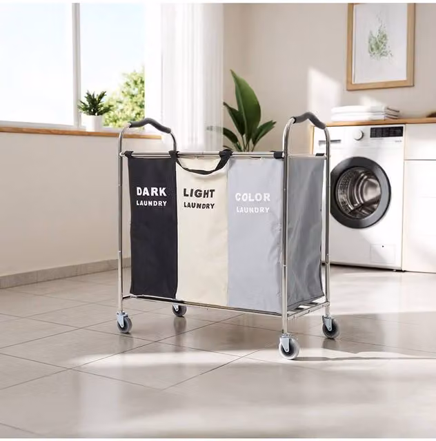 Garden Sanctuary 240L 3-Section Fabric Laundry Basket on Wheels in Grey