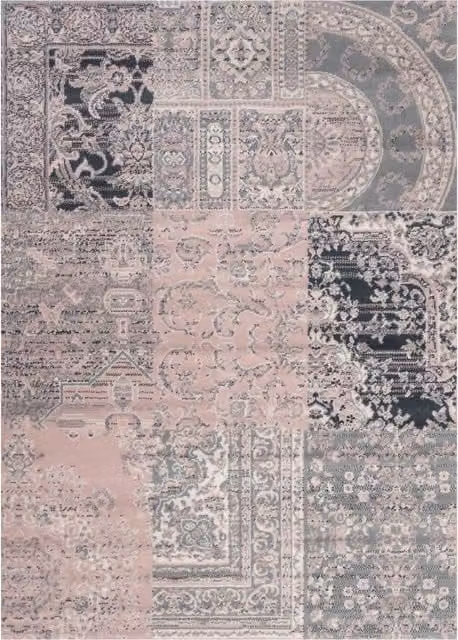 Kukoon Traditional Patchwork Living Area Rug in Pink and Grey, W: 80 cm x L: 150 cm