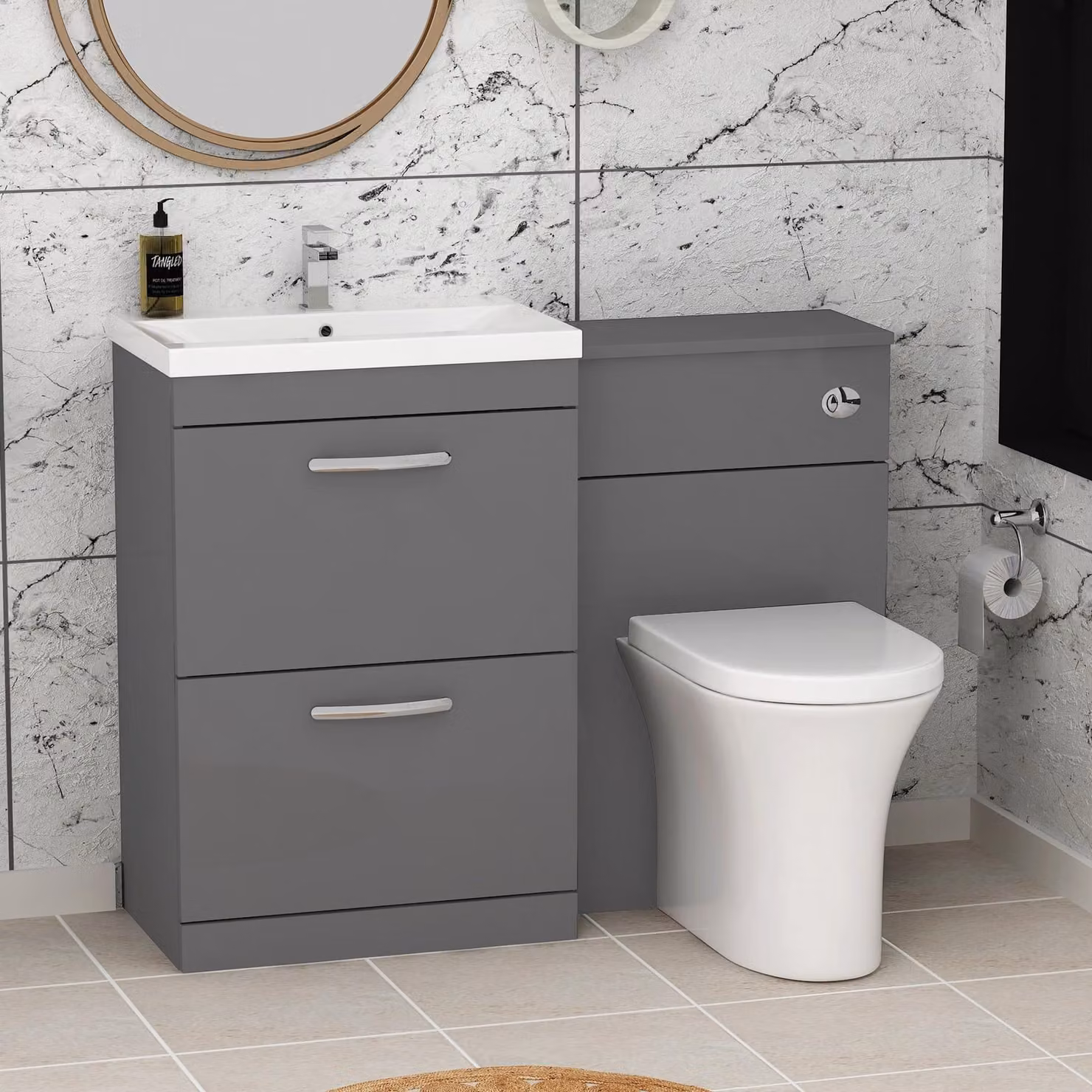 Royal Bathrooms Indigo Grey Gloss 2 Drawer Furniture Pack with Mid Edge Basin and Breeze Back to Wall Toilet, W: 110 cm