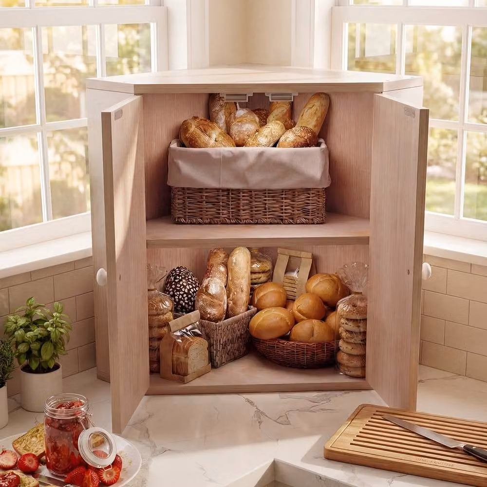 Gymax Double Layer Corner Bread Bin with Adjustable Bamboo Shelf, White – 2
