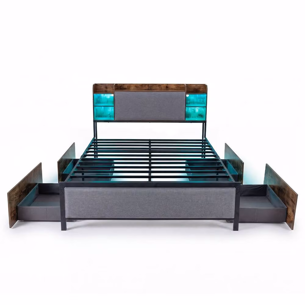 Costway Double Size Platform Bed Frame in Brown with LED Lights, USB Charging Port and Drawers, W/D/H: 140 x 200 cm – 2