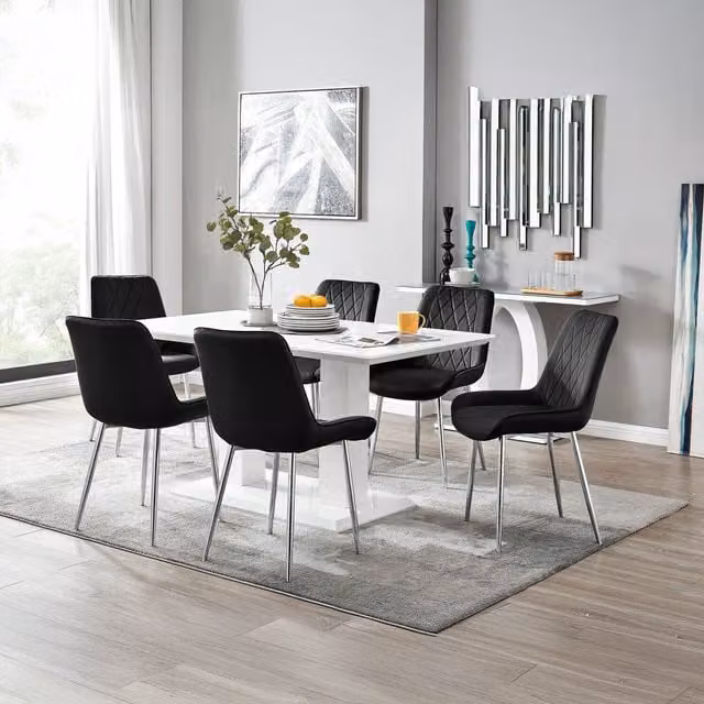 FurnitureboxUK Imperia 6-Person Dining Set with White Rectangular Table and 6 Black Pesaro Chairs with Silver Legs