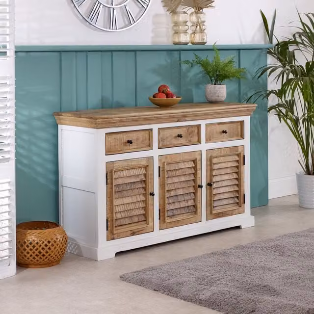 IH Design Rustic Solid Mango Wood Large Sideboard with 3 Doors and 3 Drawers in White