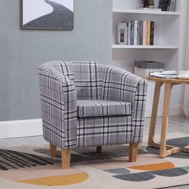 WestWood Modern Grey Check Linen Fabric Tub Chair with Armrests
