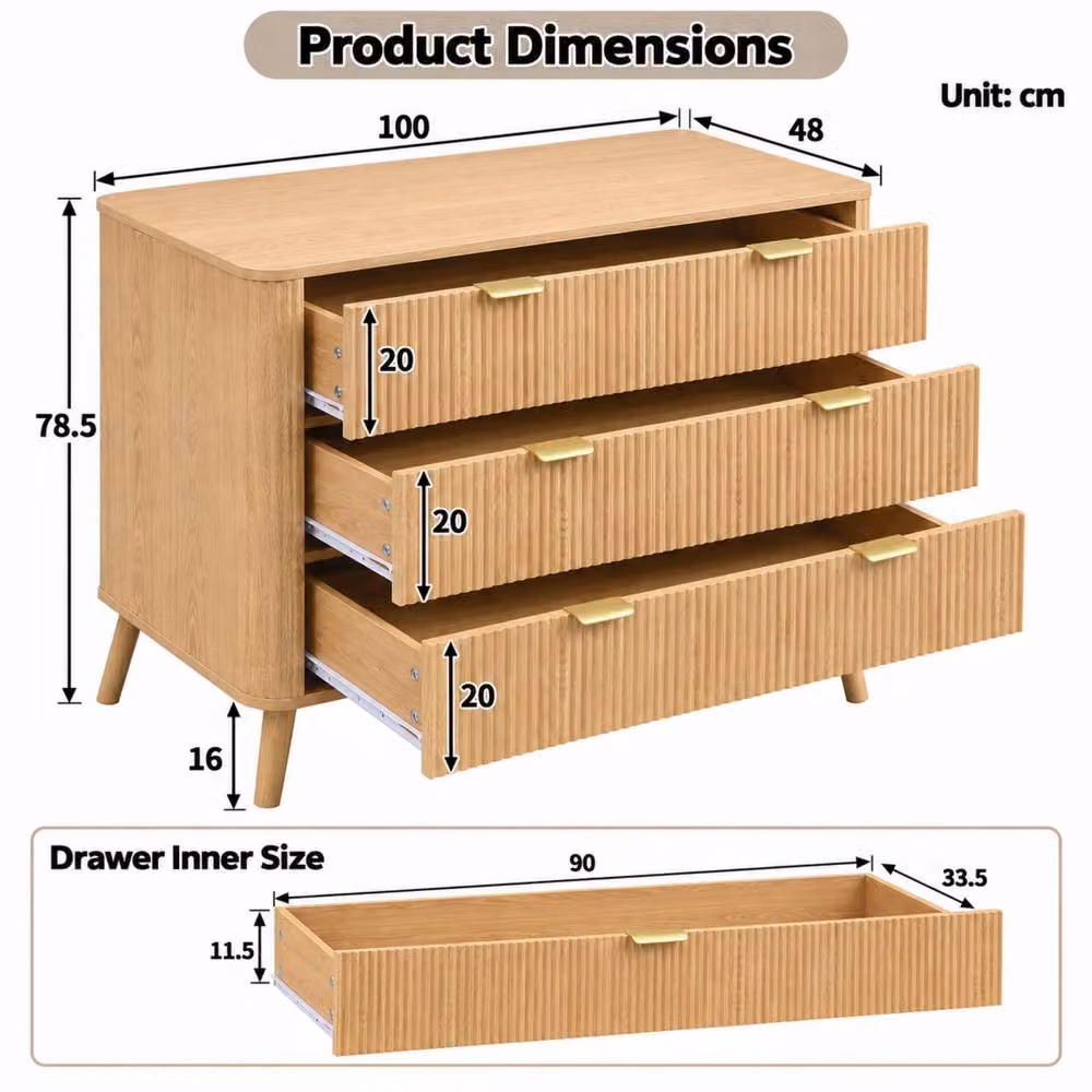 Merax 3 Drawer Chest of Drawers in Light Oak with Gold Tone Handles and Solid Wood Legs – 2