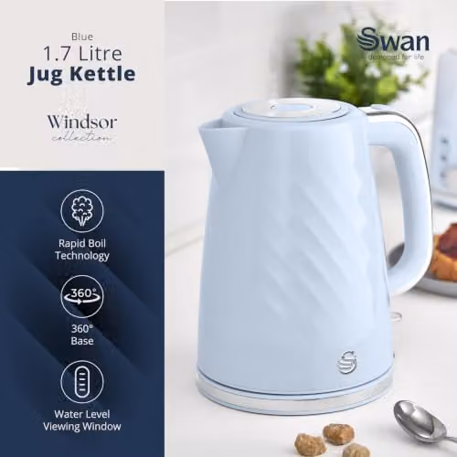 Swan Windsor Textured 1.7L Rapid Boil Kettle in Blue – 2