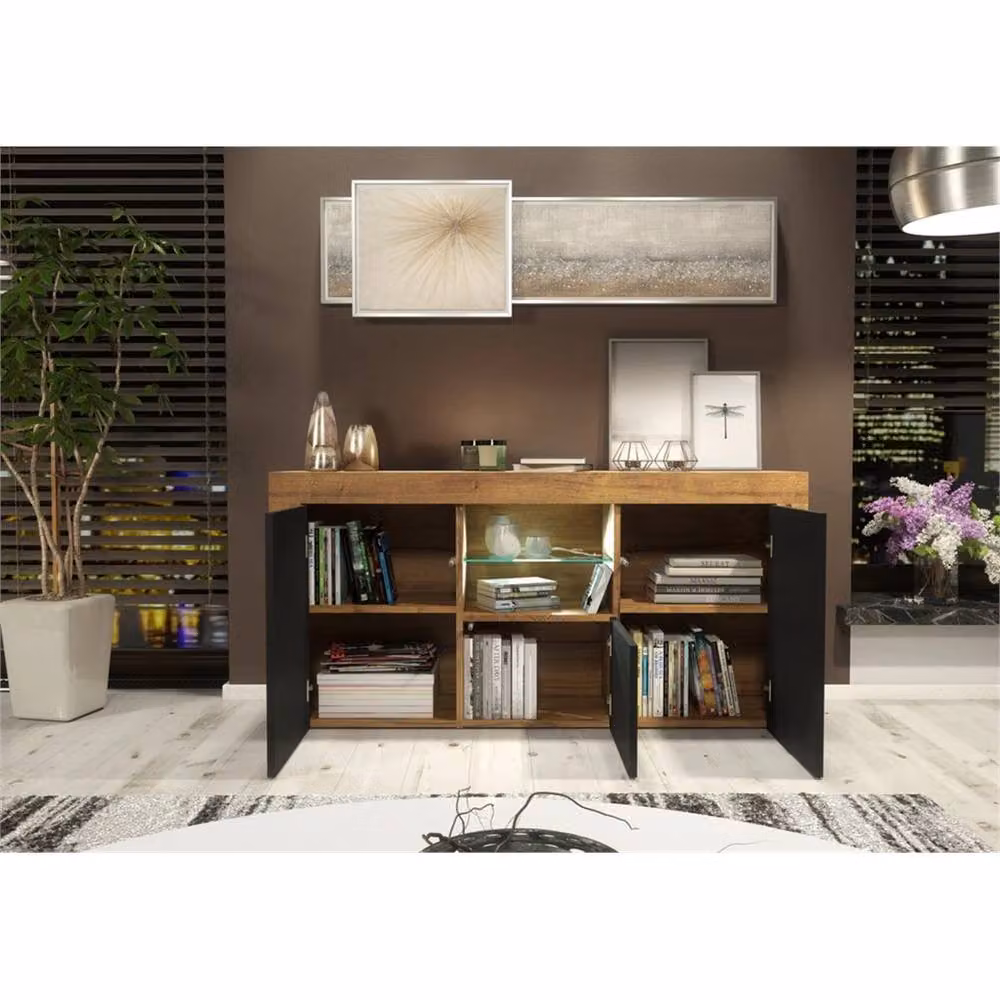 FORGEVIO Modern Oak and Black Matt TV Unit Cabinet with Integrated Lighting – 4