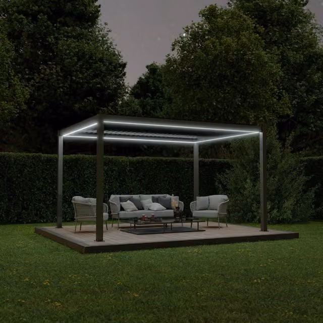 Agadon Aluminium Pergola Shading System with Motorised Slats and LED Lights in Anthracite Grey