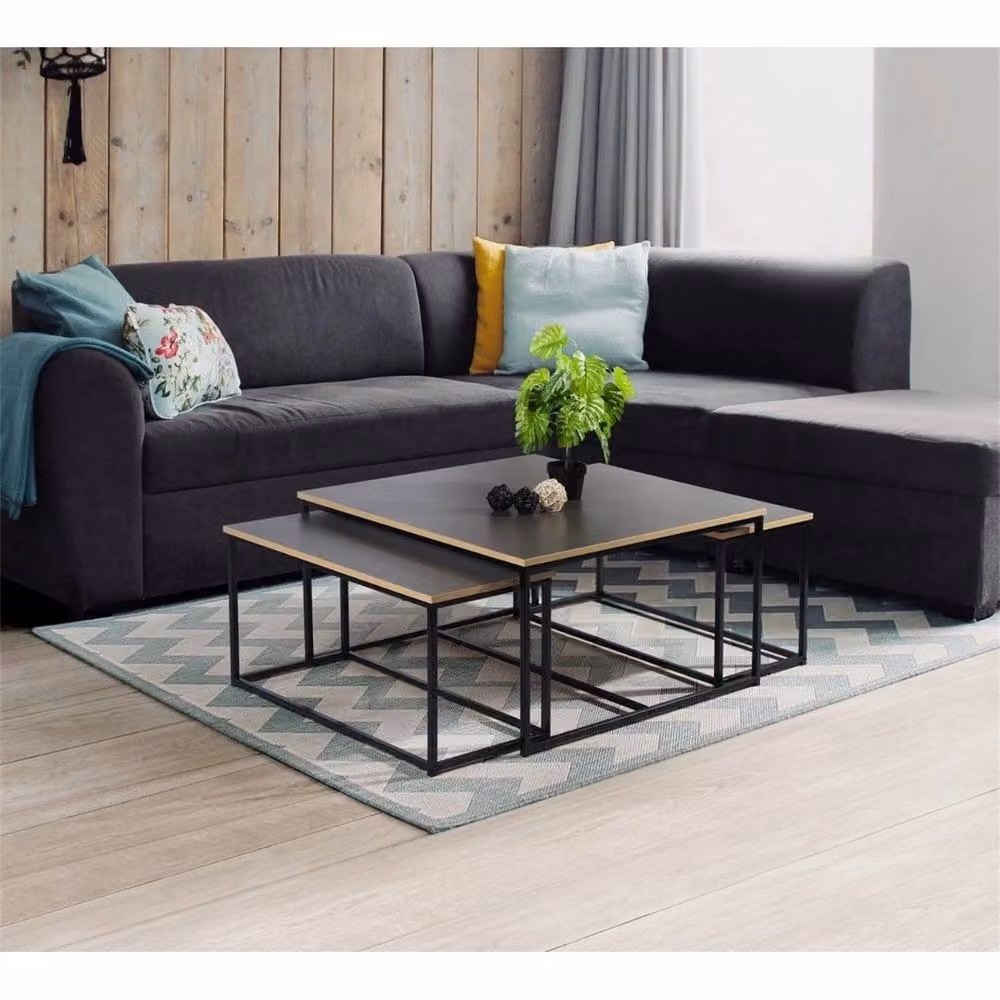VOGREX 3-Piece Nesting Coffee Table Set with Black Metal Frame and Wood Tops in Industrial Style – 2
