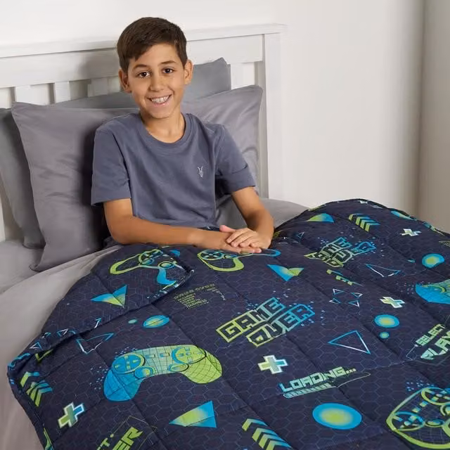 OHS Kids Neon Gaming Weighted Blanket in Navy Blue and Green