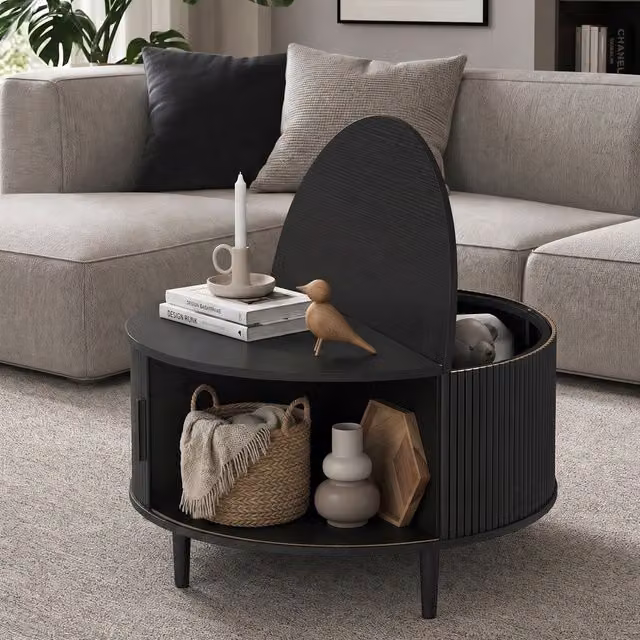 HOMCOM Round Coffee Table with Lift Top and Sliding Door in Black Wood Effect, Diameter: 80 cm
