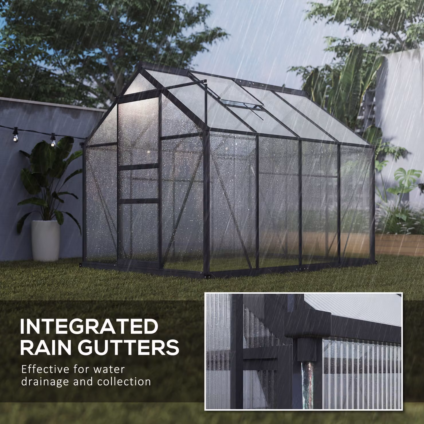 Outsunny Large Walk-In Polycarbonate Greenhouse with Aluminium Frame and Galvanised Base, Transparent, W: 182.88 cm, D: 190 cm, H: 201 cm – 7