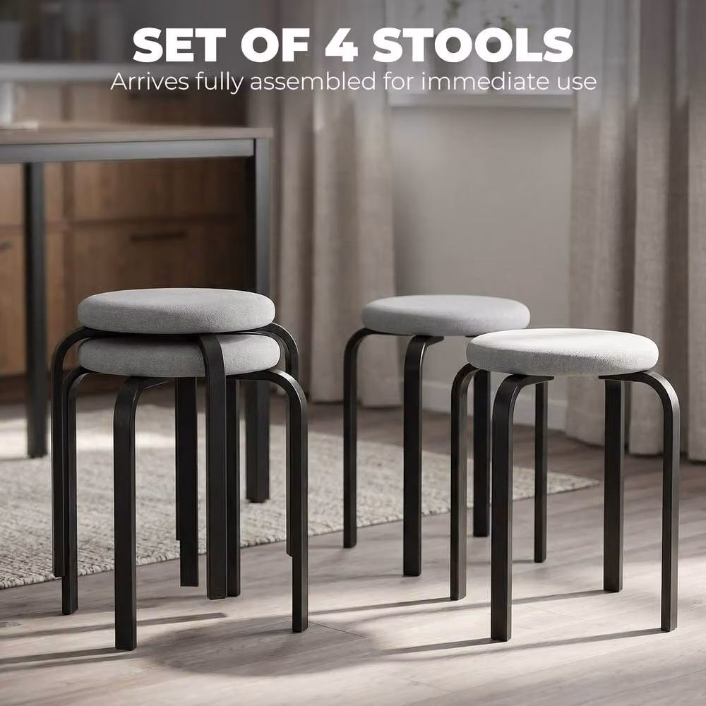 STILVORA Set of 4 Stackable Modern Stools with Grey Fabric Cushioned Seats and Metal Frames – 3