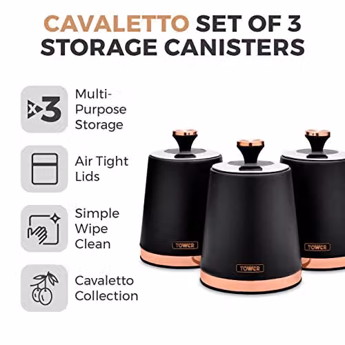 Tower Cavaletto Set of 3 Airtight Stainless Steel Storage Canisters for Coffee, Tea and Sugar in Black and Gold – 2