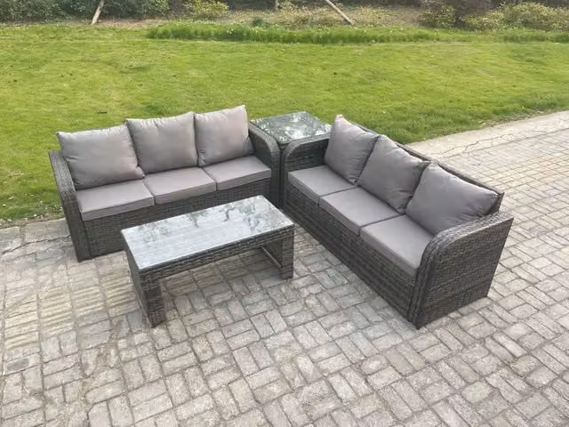 Fimous 6 Seater Outdoor Rattan Garden Furniture Set with Patio Lounge Sofa, Rectangular Coffee Table and Side Table in Dark Grey