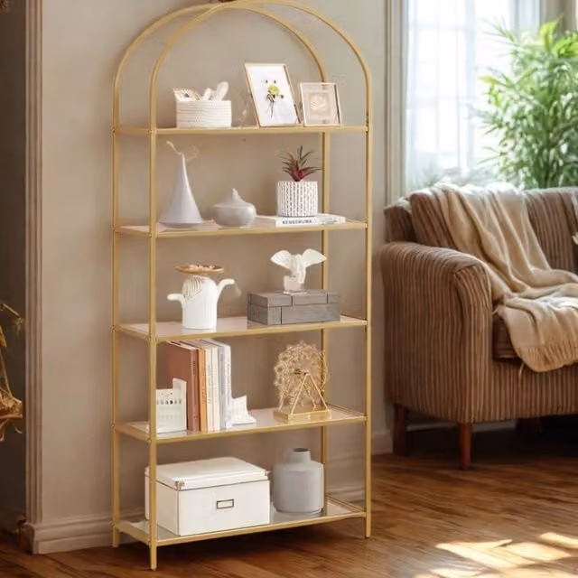 Pirlo Plush 5 Tier Tempered Glass and Metal Storage Shelves Unit in Gold, W/D/H: 81 x 30 x 183 cm – 1
