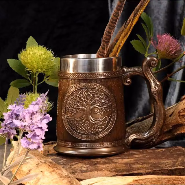 Nemesis Now Bronze Tree of Life Tankard Mug in Bronze and Brown Resin and Stainless Steel, Height: 14.5 cm