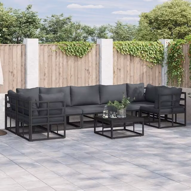 Berkfield Home 8 Piece Modern Garden Sofa Set in Black Powder Coated Aluminium with Grey Upholstered Cushions
