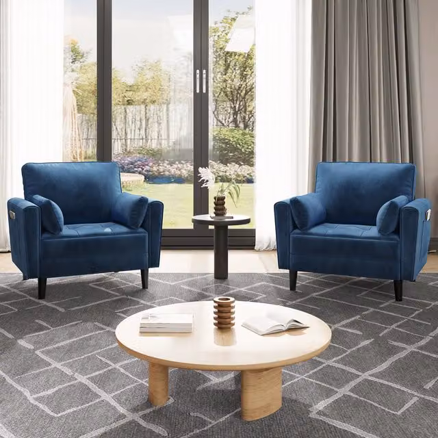 Yaheetech Blue Velvet Upholstered Armchair with 2 Pillows and Solid Wood Frame