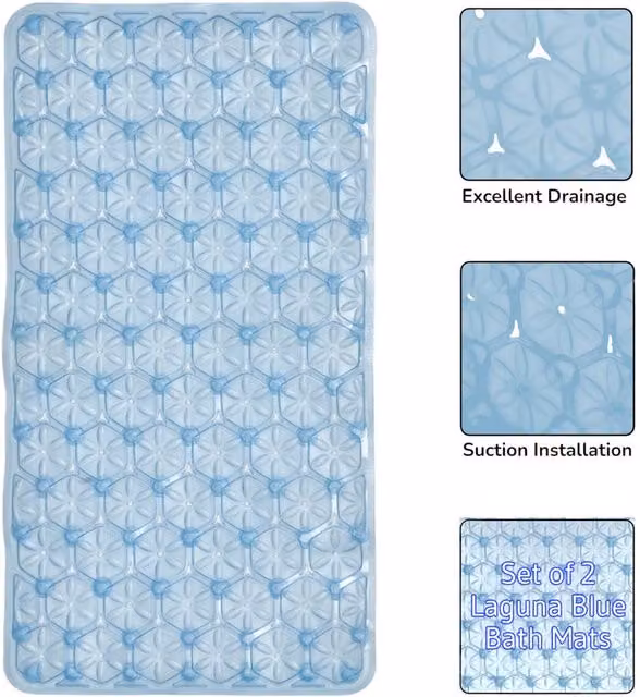 Showerdrape Laguna Anti Slip Blue PVC Bath Mat, 2 Pack, W: 68 cm, D: 37 cm