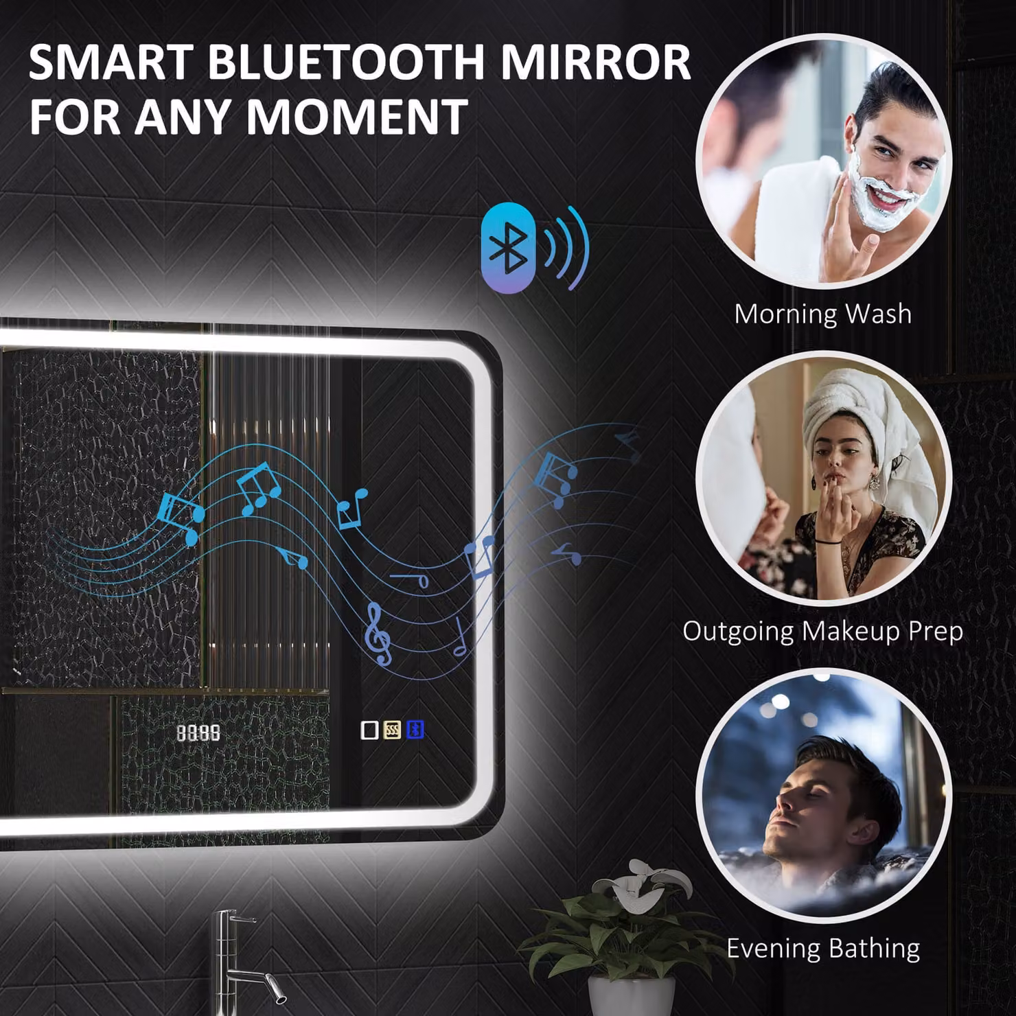 HOMCOM Bluetooth LED Bathroom Mirror with Clock and Anti-Fog Function, Silver Tone, W: 60 cm, H: 80 cm – 5