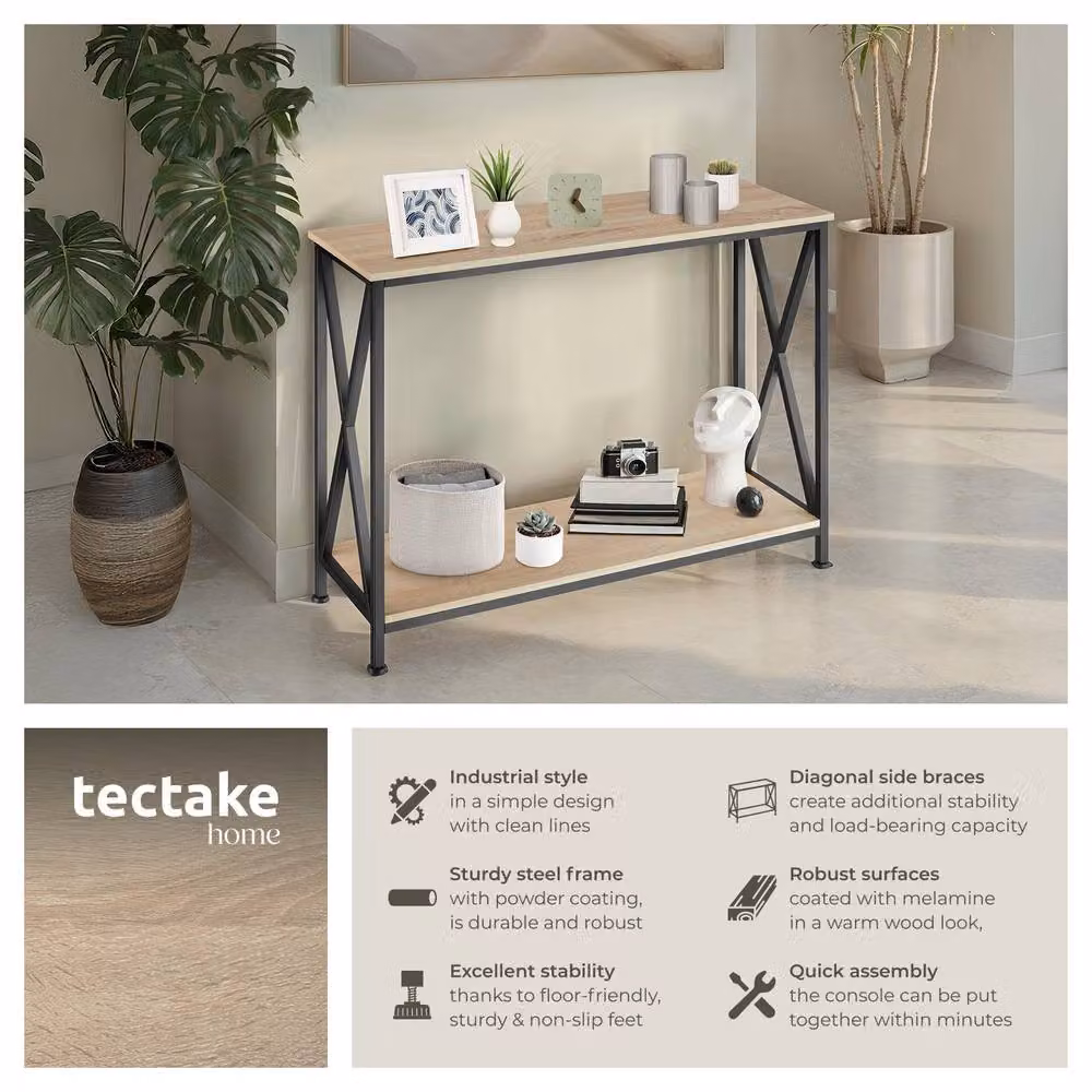 tectake Tacoma Console Table with 2 Shelves and Side X-Braces in Light Oak – 2