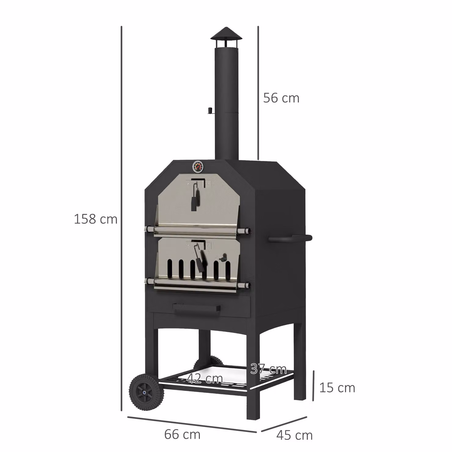 Outsunny 3-Tier Steel Charcoal Pizza Oven and BBQ Grill with Thermometer and Wheels, Black, H 158 x W 66 x D 45 cm – 3